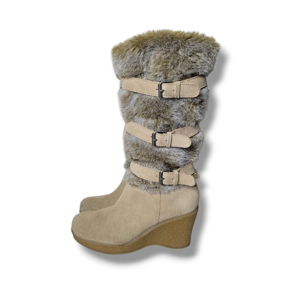 Mia Denver Faux Fur Wedge Boots 7.5 I Suede Pull On Winter Cozy - Picture 1 of 10